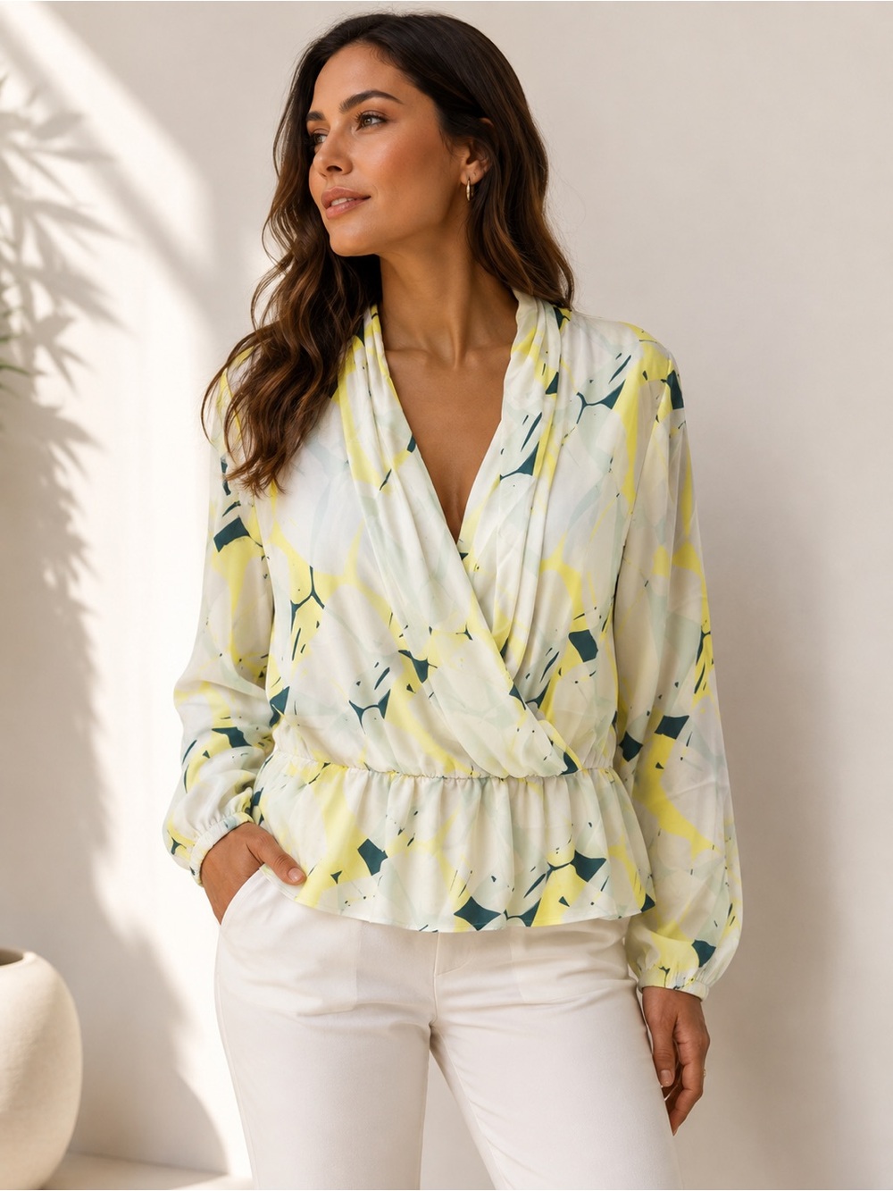 Printed Light Yellow Wrap Blouse with Peplum - Women Tops